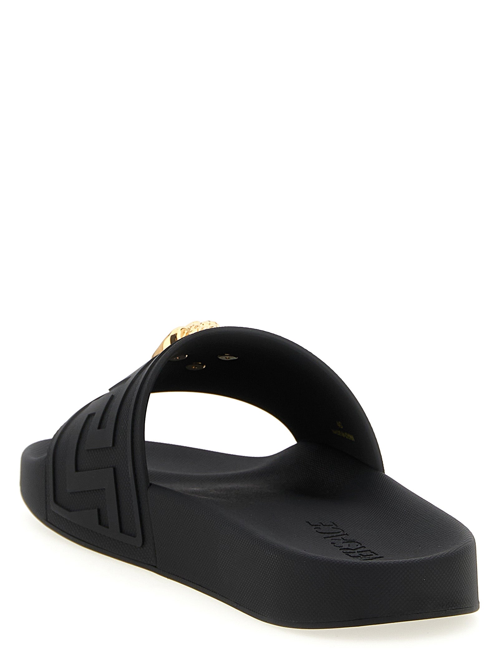 Flat Shoes by Versace for men in polyester & glass black & patterned features an effortless chic silhouette, showcasing the Medusa Men's Polyester & Glass Flat Shoes design with an effortless chic flat and a for a effortless chic look.
