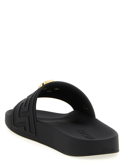Flat Shoes by Versace for men in polyester & glass black & patterned features an effortless chic silhouette, showcasing the Medusa Men's Polyester & Glass Flat Shoes design with an effortless chic flat and a for a effortless chic look.