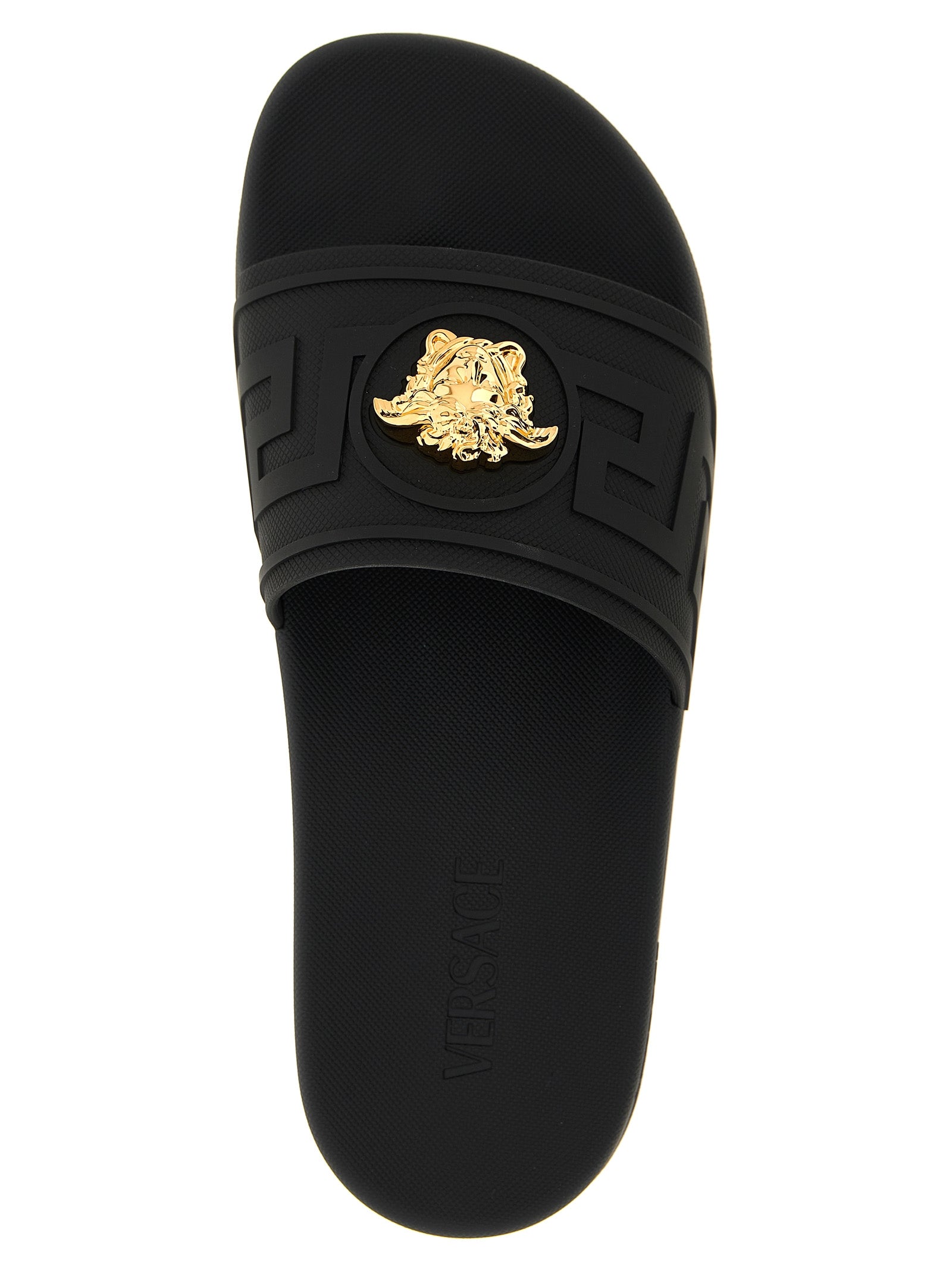 Flat Shoes by Versace for men in polyester & glass black & patterned features an dynamic silhouette from the Medusa Men's Polyester & Glass Flat Shoes collection, defined by a dynamic and flat for a dynamic look.
