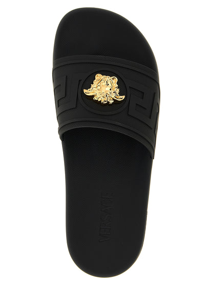 Flat Shoes by Versace for men in polyester & glass black & patterned features an dynamic silhouette from the Medusa Men's Polyester & Glass Flat Shoes collection, defined by a dynamic and flat for a dynamic look.