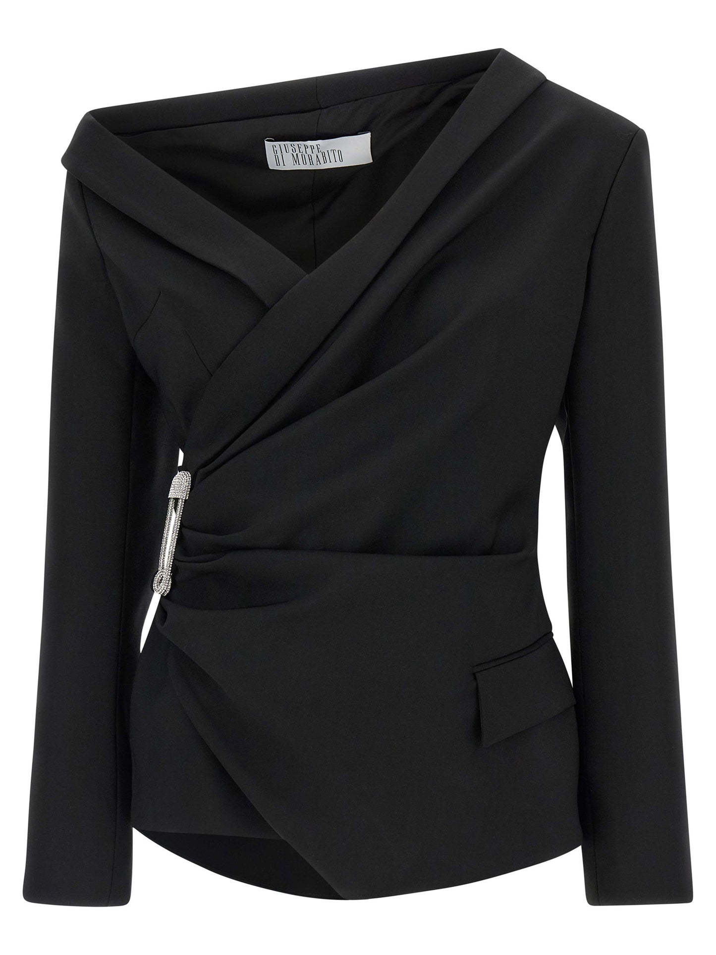 Blazer by Giuseppe Di Morabito for women in virgin wool black features an crisp silhouette with sophisticated and a crisp asymmetric neckline for a truly crisp finish.