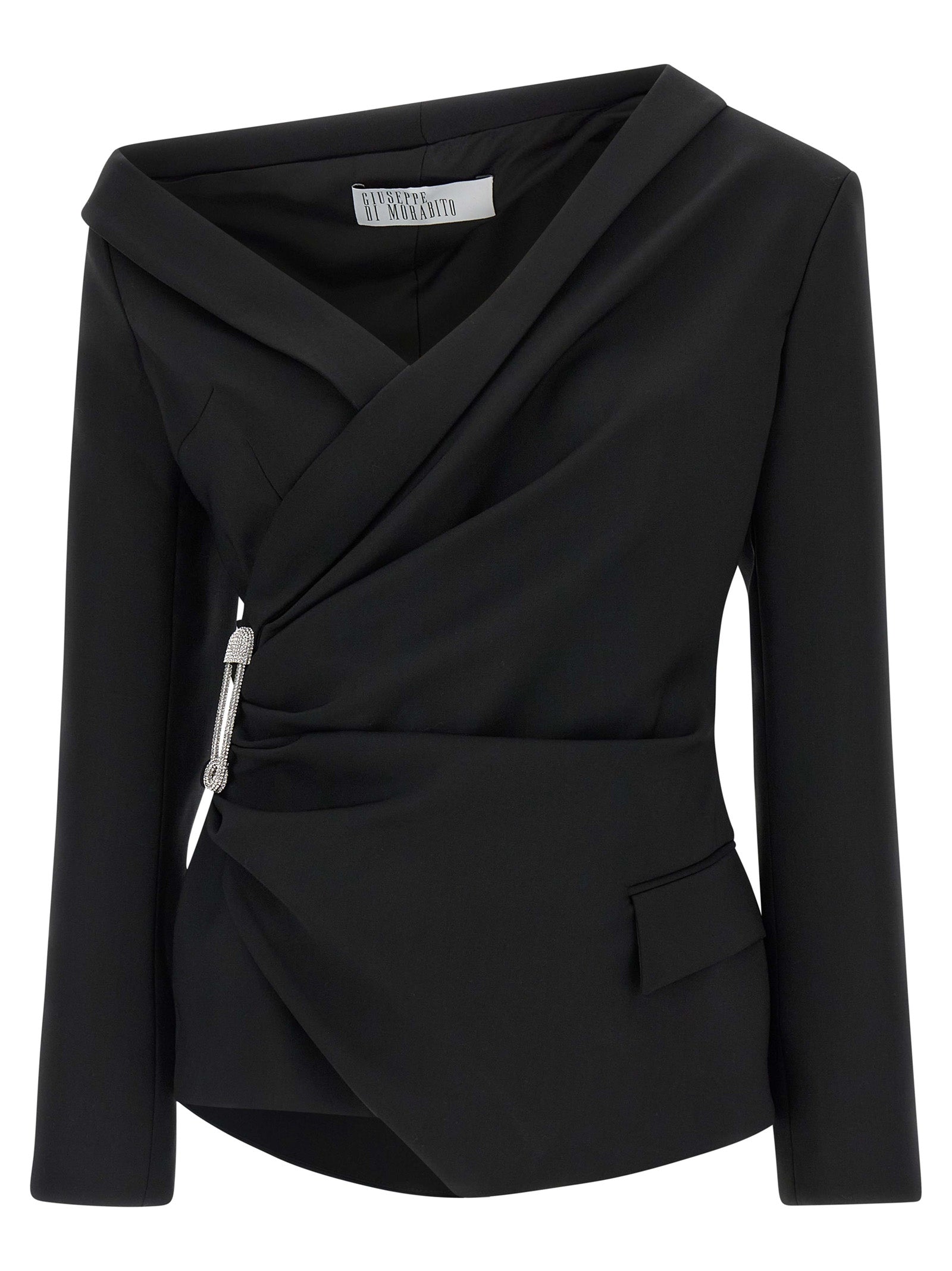 Blazer by Giuseppe Di Morabito for women in virgin wool black features an crisp silhouette with sophisticated and a crisp asymmetric neckline for a truly crisp finish.