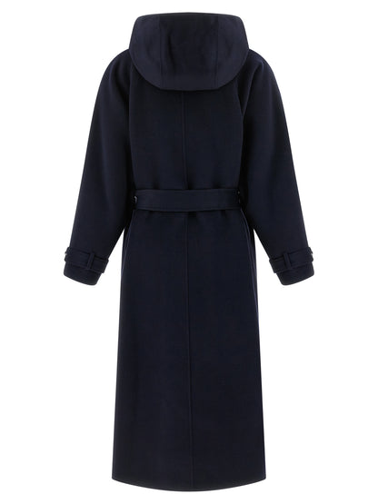 Hooded Overcoat by PINKO for women in polyamide blue showcases a enveloping silhouette, detailed with distinctive hooded and a enveloping hooded neckline.