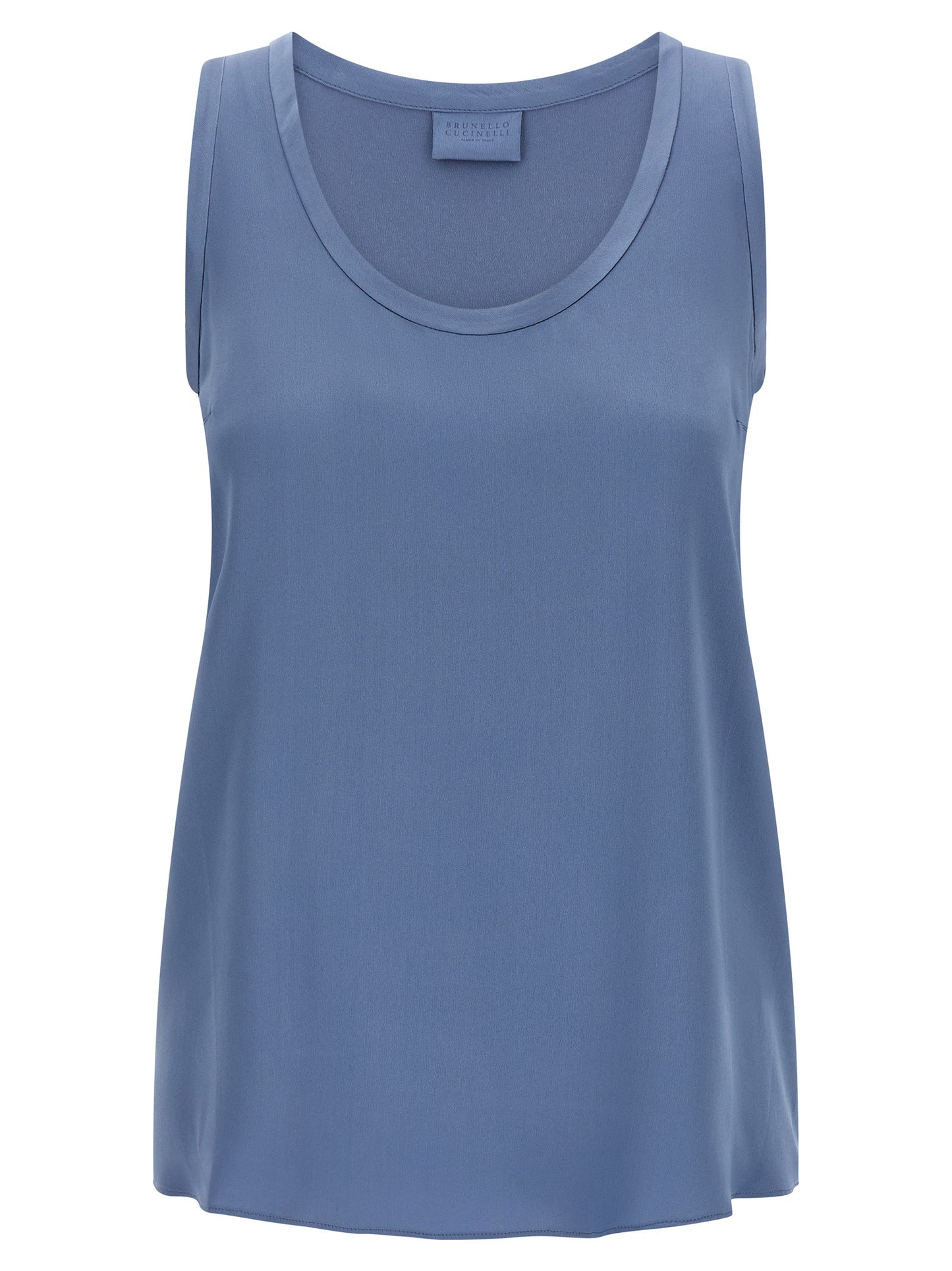 T-Shirt by Brunello Cucinelli for women in silk satin blue showcases a chic silhouette, artfully detailed with a chic round neckline and sleeveless for a chic finish.