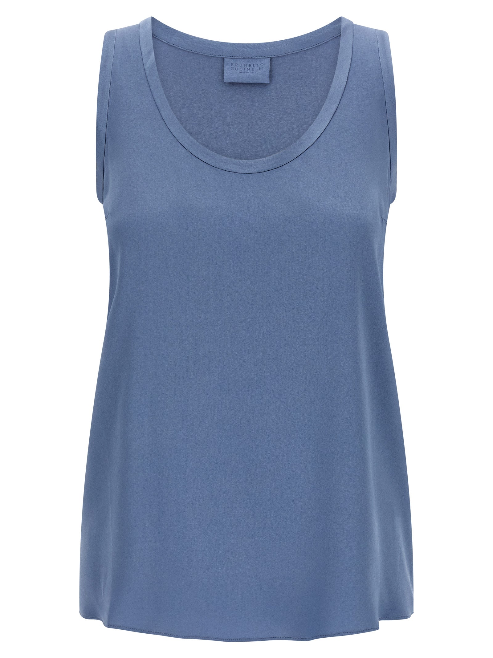 T-Shirt by Brunello Cucinelli for women in silk satin blue showcases a chic silhouette, artfully detailed with a chic round neckline and sleeveless for a chic finish.