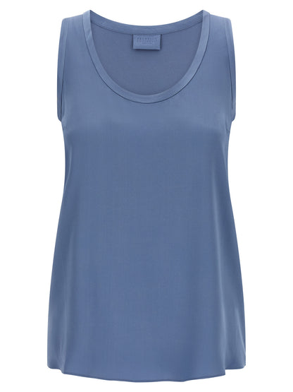T-Shirt by Brunello Cucinelli for women in silk satin blue showcases a chic silhouette, artfully detailed with a chic round neckline and sleeveless for a chic finish.