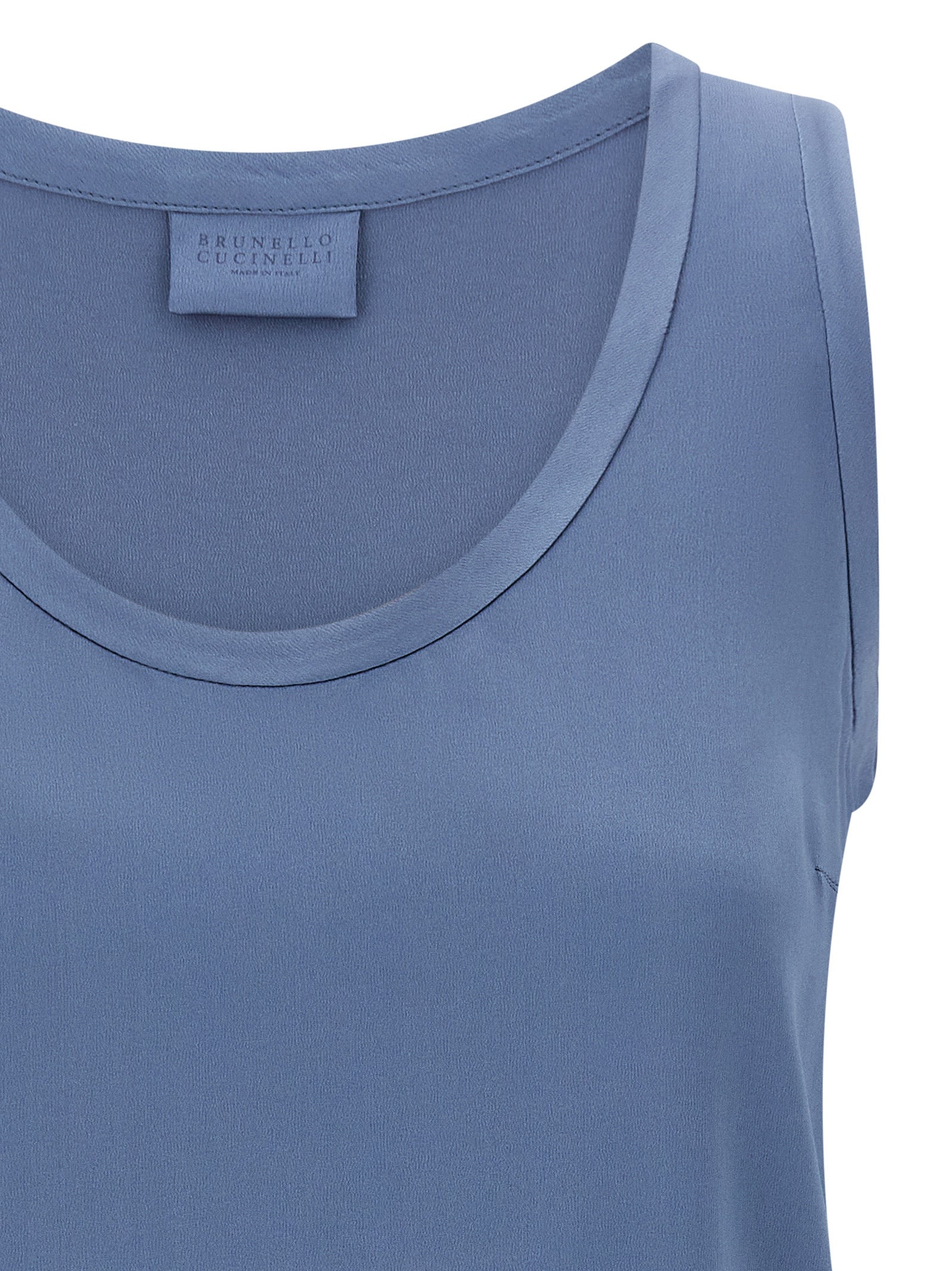 T-Shirt by Brunello Cucinelli for women in silk satin blue showcases a dramatic silhouette, elegantly detailed with a dramatic round neckline and for a truly dramatic finish.