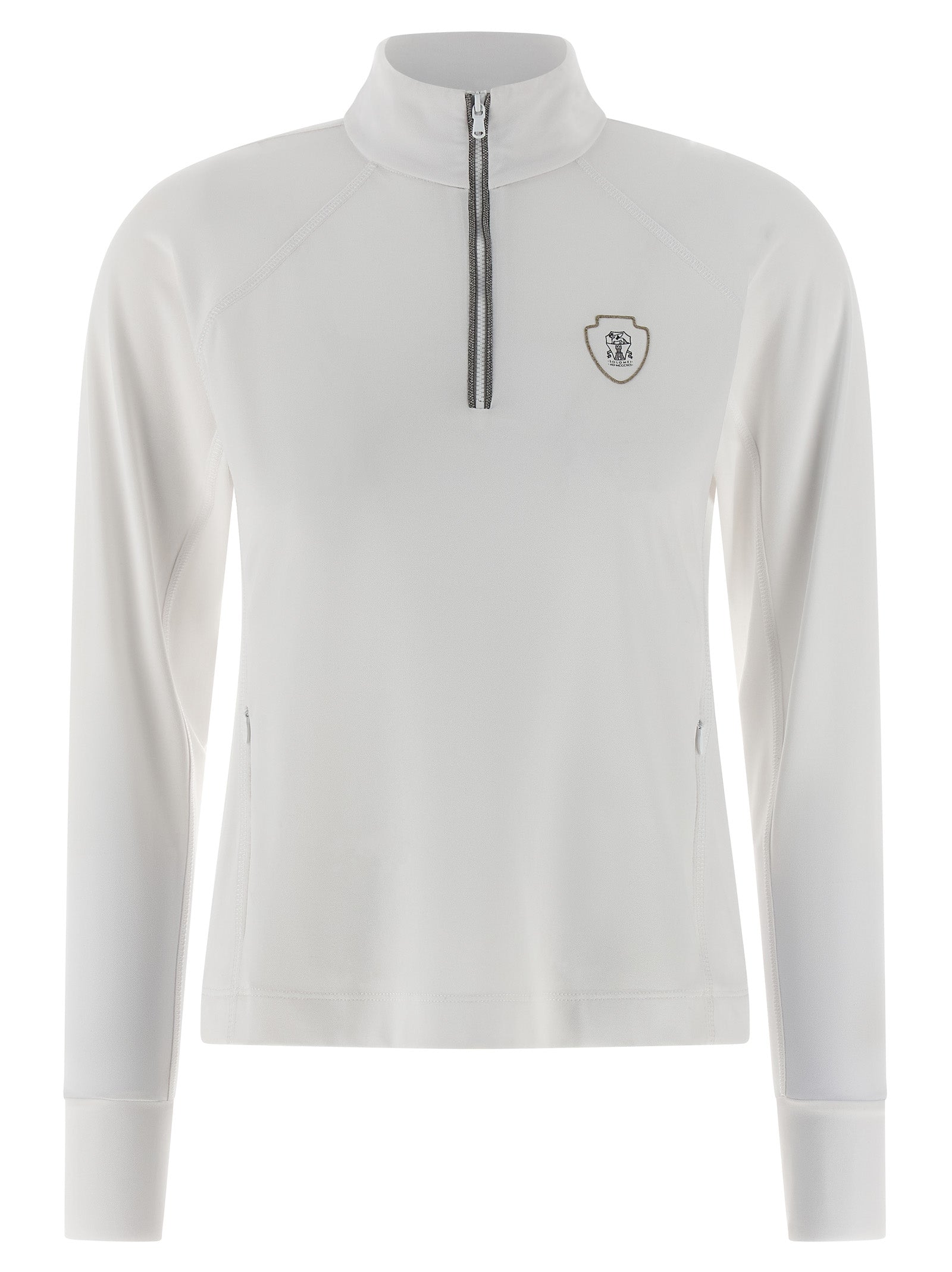 Cardigan by Brunello Cucinelli for women in stretch polyamide polyester white features an impeccable silhouette, showcasing a sophisticated high-neck neckline and long-sleeve detail for a truly impeccable finish.