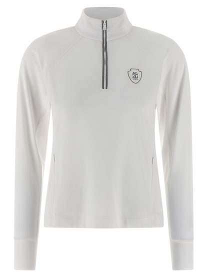 Cardigan by Brunello Cucinelli for women in stretch polyamide polyester white features an impeccable silhouette, showcasing a sophisticated high-neck neckline and long-sleeve detail for a truly impeccable finish.