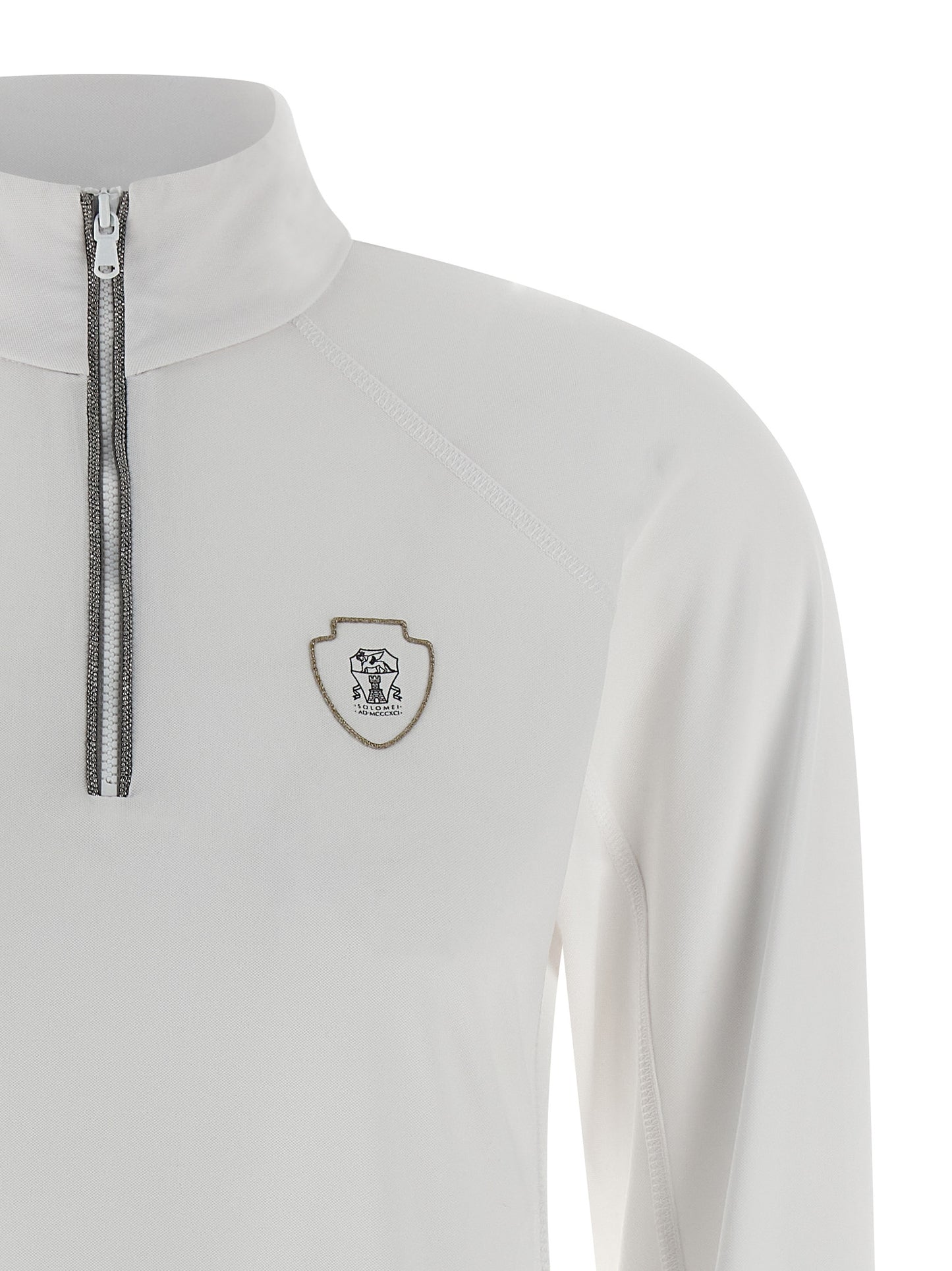 Cardigan by Brunello Cucinelli for women in stretch polyamide polyester white features a dramatic silhouette, showcasing a sophisticated high-neck neckline and dramatic detail for a timeless, premium look.