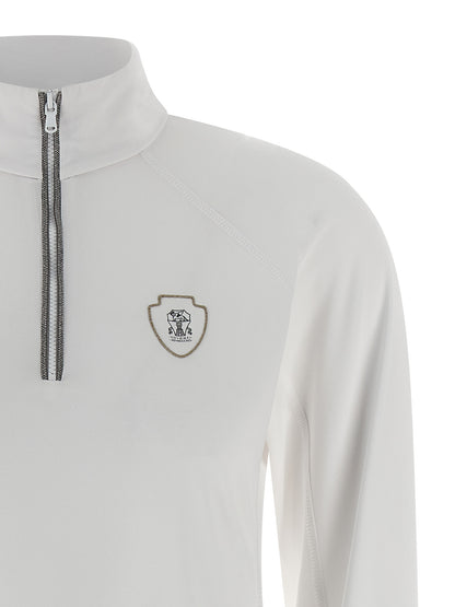 Cardigan by Brunello Cucinelli for women in stretch polyamide polyester white features a dramatic silhouette, showcasing a sophisticated high-neck neckline and dramatic detail for a timeless, premium look.
