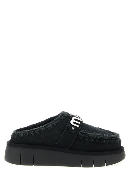 Mou Women's Suede Lamb Leather & Fur Clogs Flat Shoes - Black