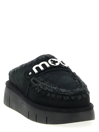 Mou Women's Suede Lamb Leather & Fur Clogs Flat Shoes - Black