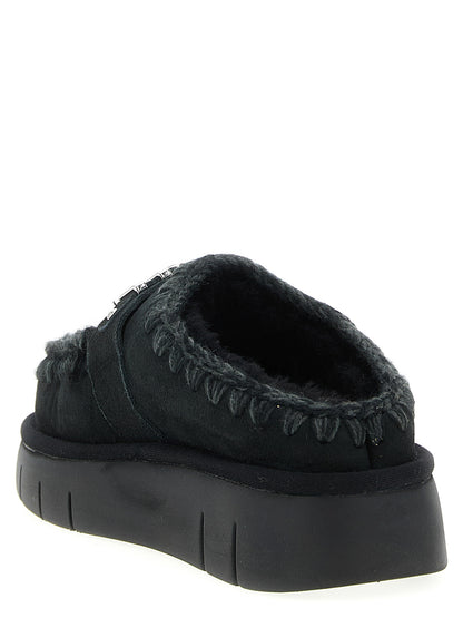 Mou Women's Suede Lamb Leather & Fur Clogs Flat Shoes - Black
