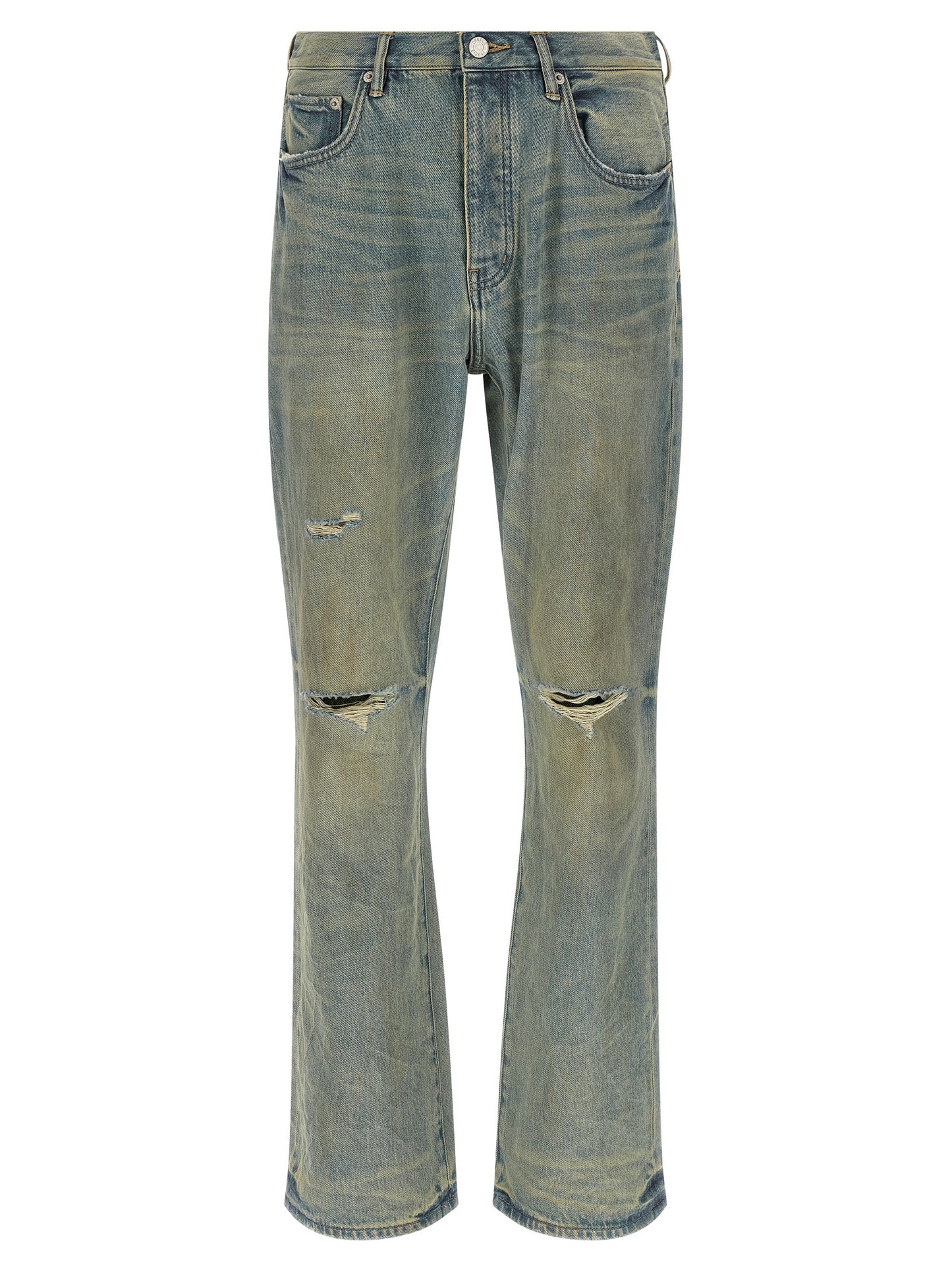 Jeans by PURPLE for men in denim cotton light-blue & purple features an refined tailoring silhouette, showcasing a premium flared with a mid rise and long cut for a refined tailoring look.
