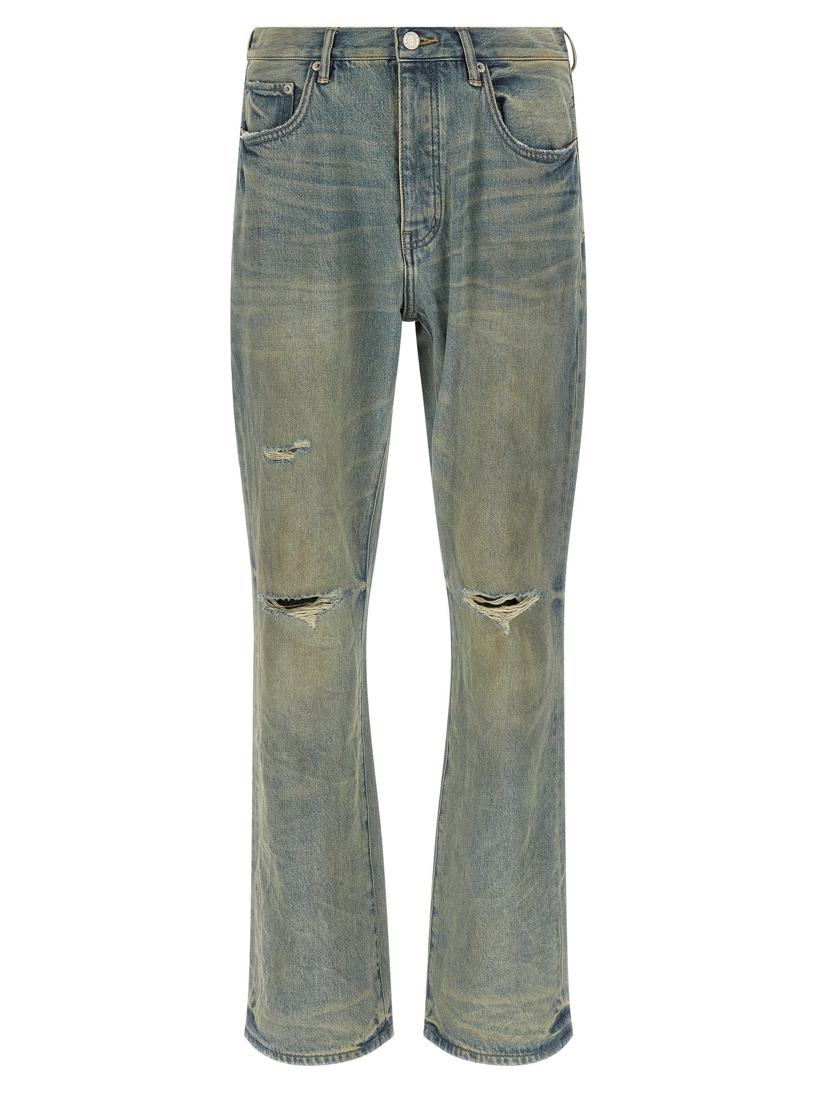 Jeans by PURPLE for men in denim cotton light-blue & purple features an refined tailoring silhouette, showcasing a premium flared with a mid rise and long cut for a refined tailoring look.