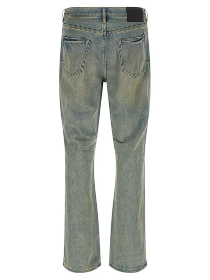 Jeans by PURPLE for men in denim cotton light-blue & purple presents a refined pantology silhouette, artfully defined by a refined pantology flared, long, and a sophisticated mid rise.