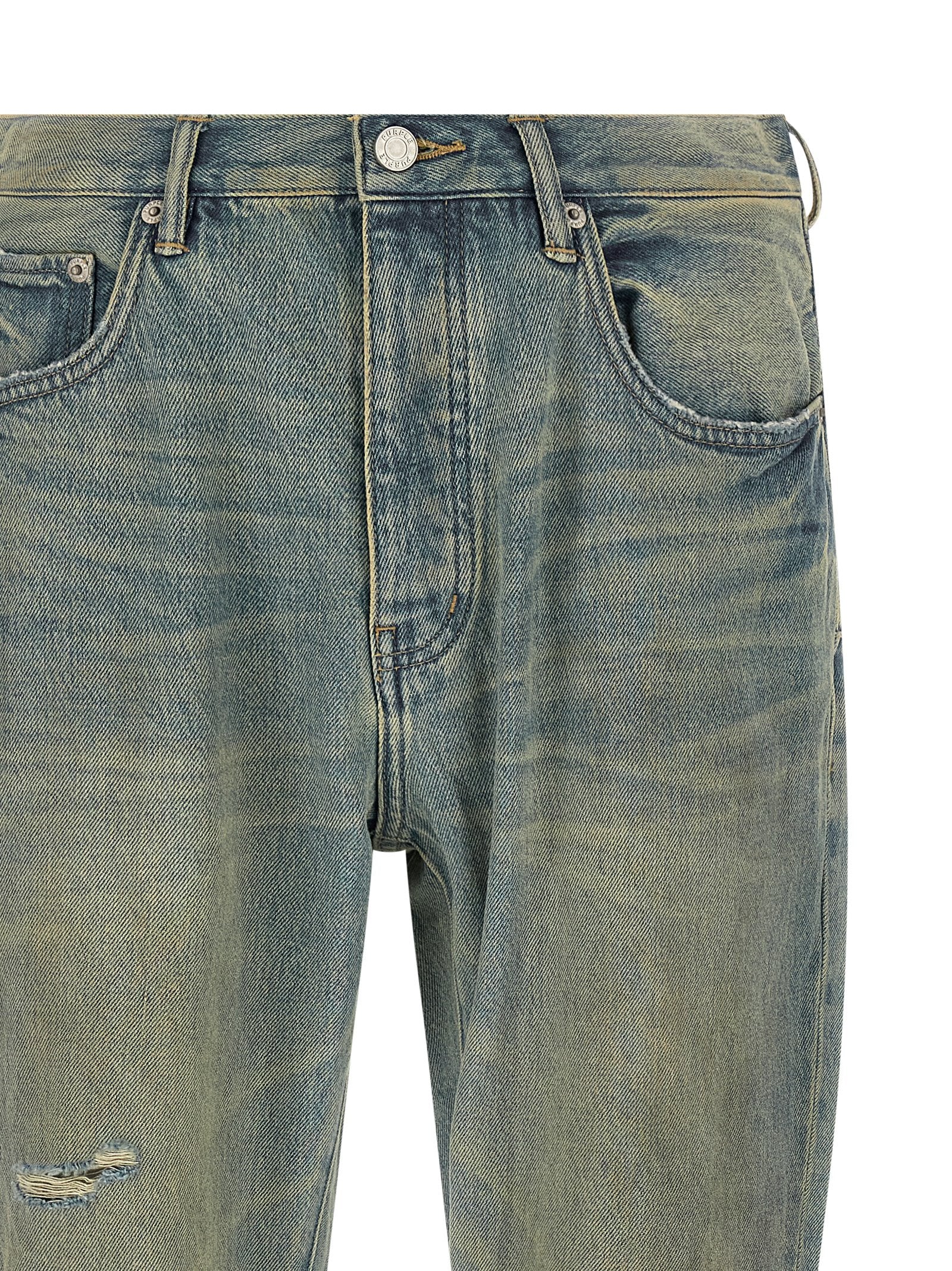 Jeans by PURPLE for men in light-blue & purple features a polished silhouette with a polished flared, reaching a polished long and finished with a polished mid rise.