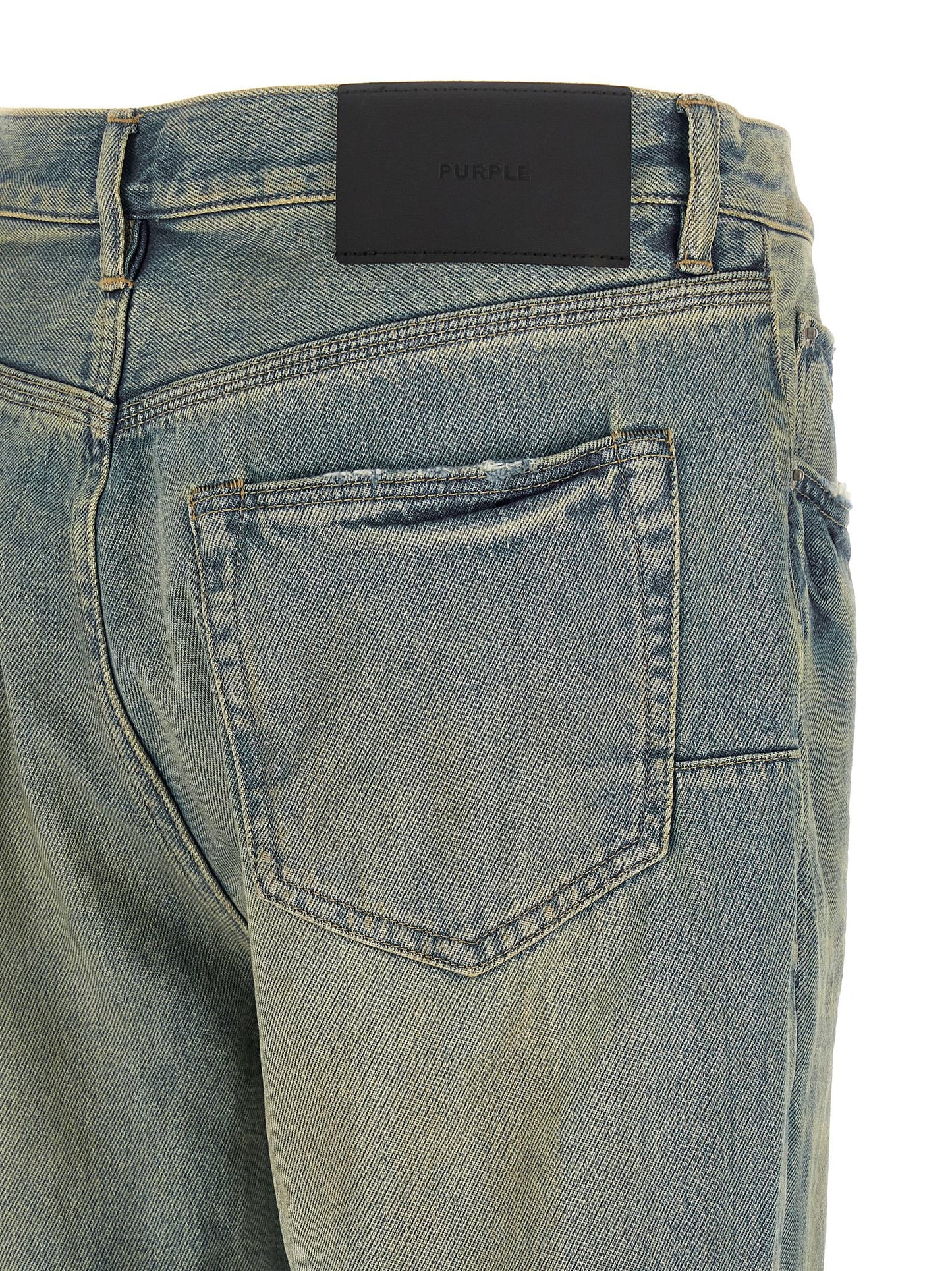 Jeans by PURPLE for men in light-blue & purple presents a tailored silhouette, showcasing a tailored flared and long cut with a refined mid rise for a truly tailored aesthetic.