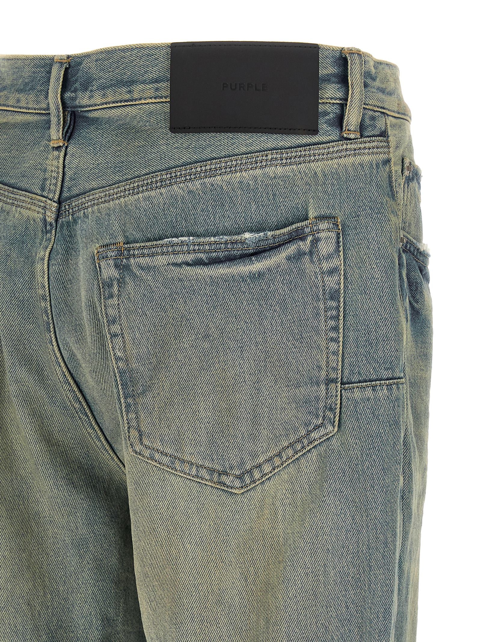 Jeans by PURPLE for men in light-blue & purple presents a tailored silhouette, showcasing a tailored flared and long cut with a refined mid rise for a truly tailored aesthetic.