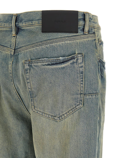 Jeans by PURPLE for men in light-blue & purple presents a tailored silhouette, showcasing a tailored flared and long cut with a refined mid rise for a truly tailored aesthetic.