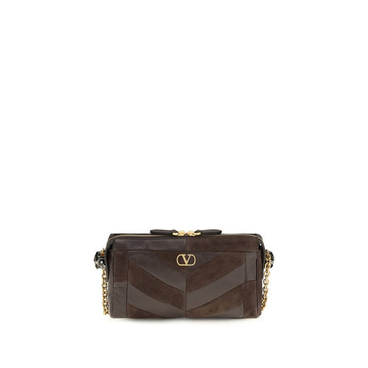 Shoulder Bag by Valentino Garavani for women in bio-acetate enamel & bos taurus calf leather brown, gold, patterned, chevron & signature showcases a enviable silhouette, artfully detailed with a secure zipper, organized single-compartment, and versatile shoulder-strap & adjustable-strap for a enviable look.