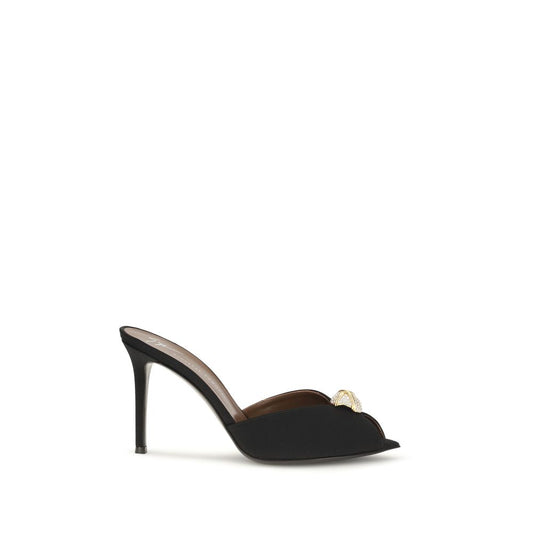 Stiletto Mules Sandals by Giuseppe Zanotti for women in bos taurus calf leather & rhinestone black & gold features an exquisite silhouette, showcasing the exquisite Women's Bos Taurus Calf Leather & Rhinestone Stiletto Mules Sandals with a stiletto and pointed toe style.