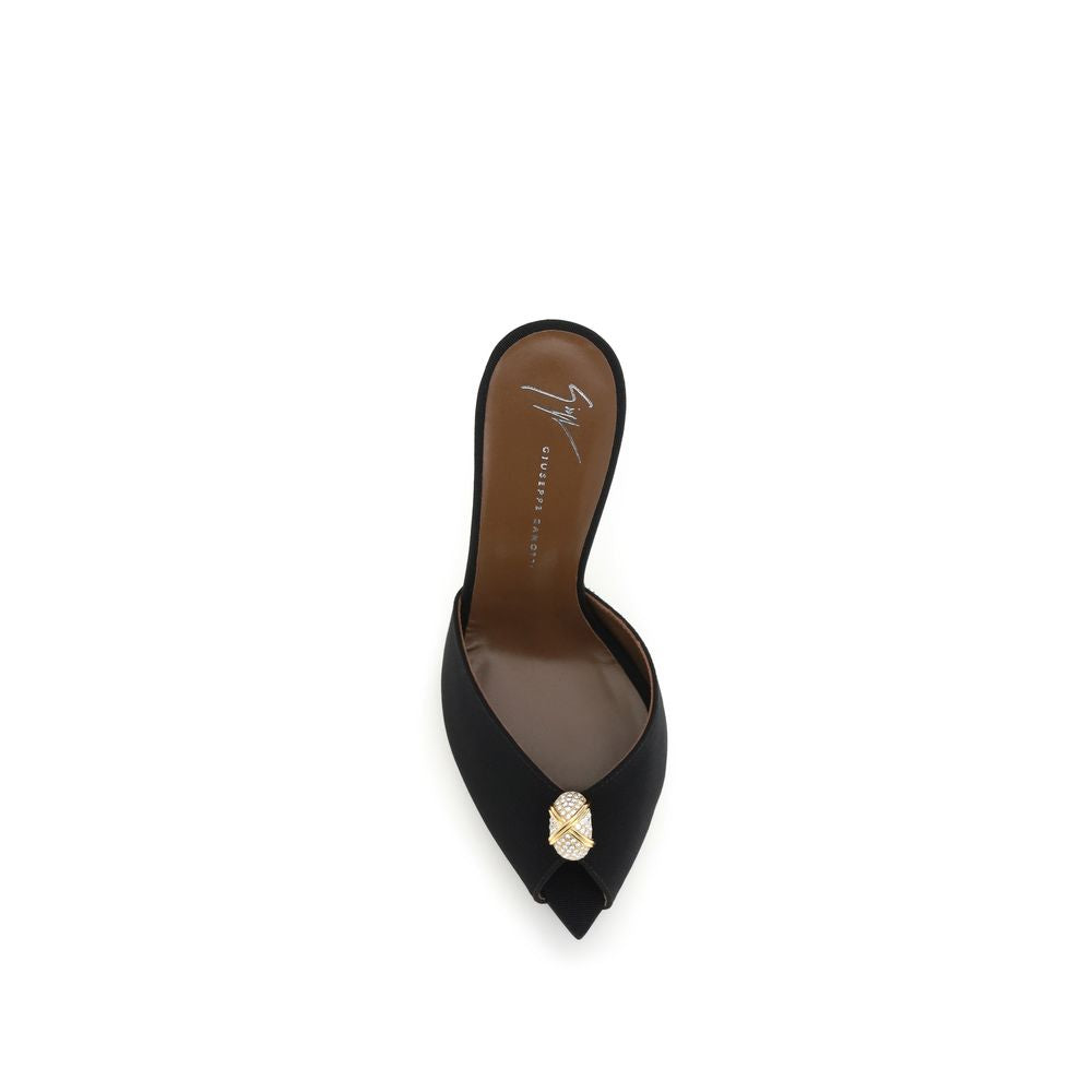 Stiletto Mules Sandals by Giuseppe Zanotti for women in black & gold features an architectural design from the Women's Bos Taurus Calf Leather & Rhinestone Stiletto Mules Sandals collection, defined by a architectural stiletto and pointed toe style for a architectural finish.