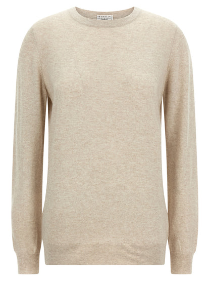 Cardigan by Brunello Cucinelli for women in cashmere beige showcases a captivating silhouette, artfully detailed with a captivating long-sleeve and wrap crew neckline for a truly sophisticated captivating look.