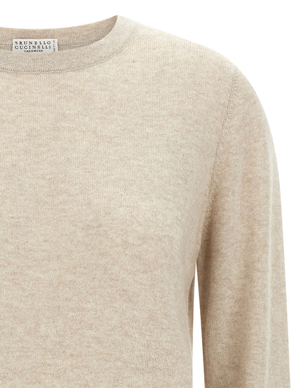 Cardigan by Brunello Cucinelli for women in cashmere beige features an impeccable silhouette, showcasing a sophisticated wrap crew neckline and detail for a truly impeccable finish.