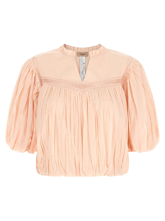 Blouse by Twinset for women in cotton multicolor, pink & patterned, featuring a nuanced three-quarter-sleeve and nuanced v-neck neckline for a sophisticated finish.