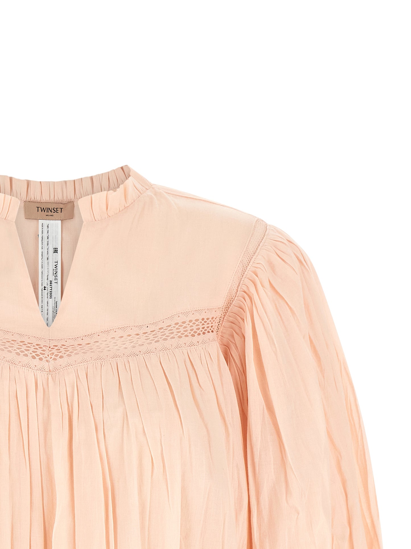 Blouse by Twinset for women in cotton multicolor, pink & patterned showcases a sleek silhouette, elegantly detailed with a sleek v-neck neckline and for a sleek finish.