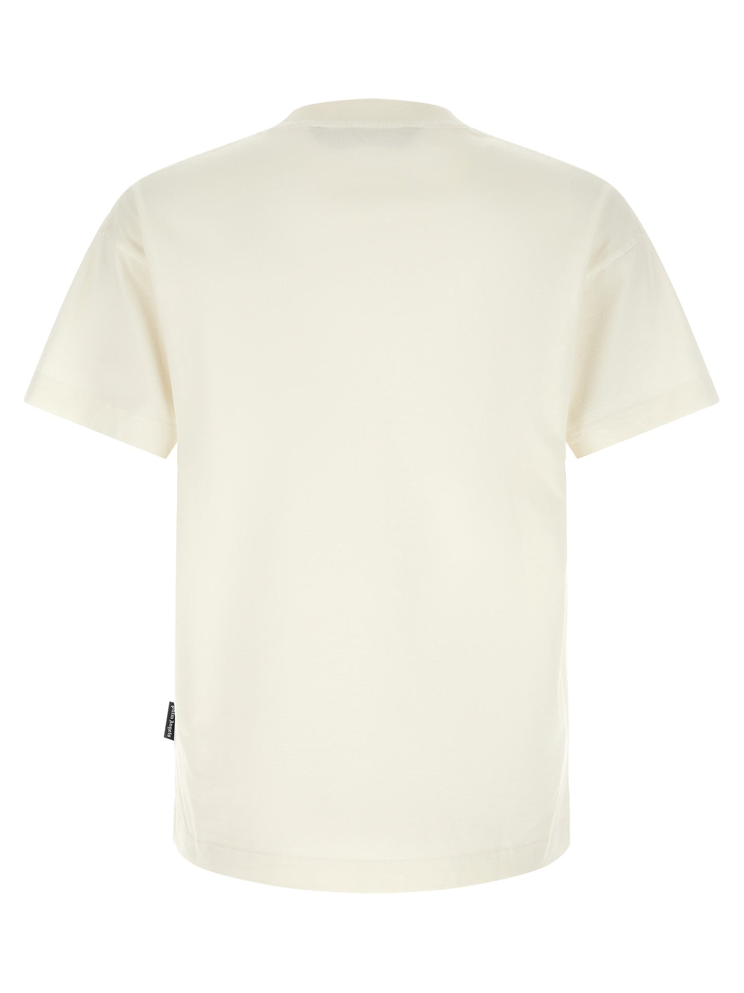 T-Shirt by Palm Angels for men in cotton bicolour, black, white, signature & print showcases a fashionable silhouette, elegantly detailed with a fashionable and crew neckline for a sophisticated, high-fashion look.