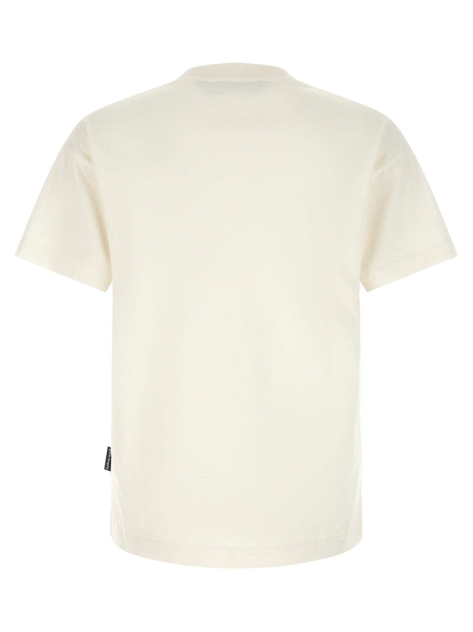 T-Shirt by Palm Angels for men in cotton bicolour, black, white, signature & print showcases a fashionable silhouette, elegantly detailed with a fashionable and crew neckline for a sophisticated, high-fashion look.