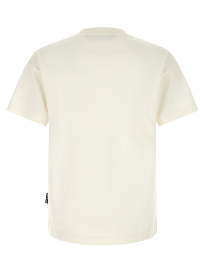 T-Shirt by Palm Angels for men in cotton bicolour, black, white, signature & print showcases a fashionable silhouette, elegantly detailed with a fashionable and crew neckline for a sophisticated, high-fashion look.