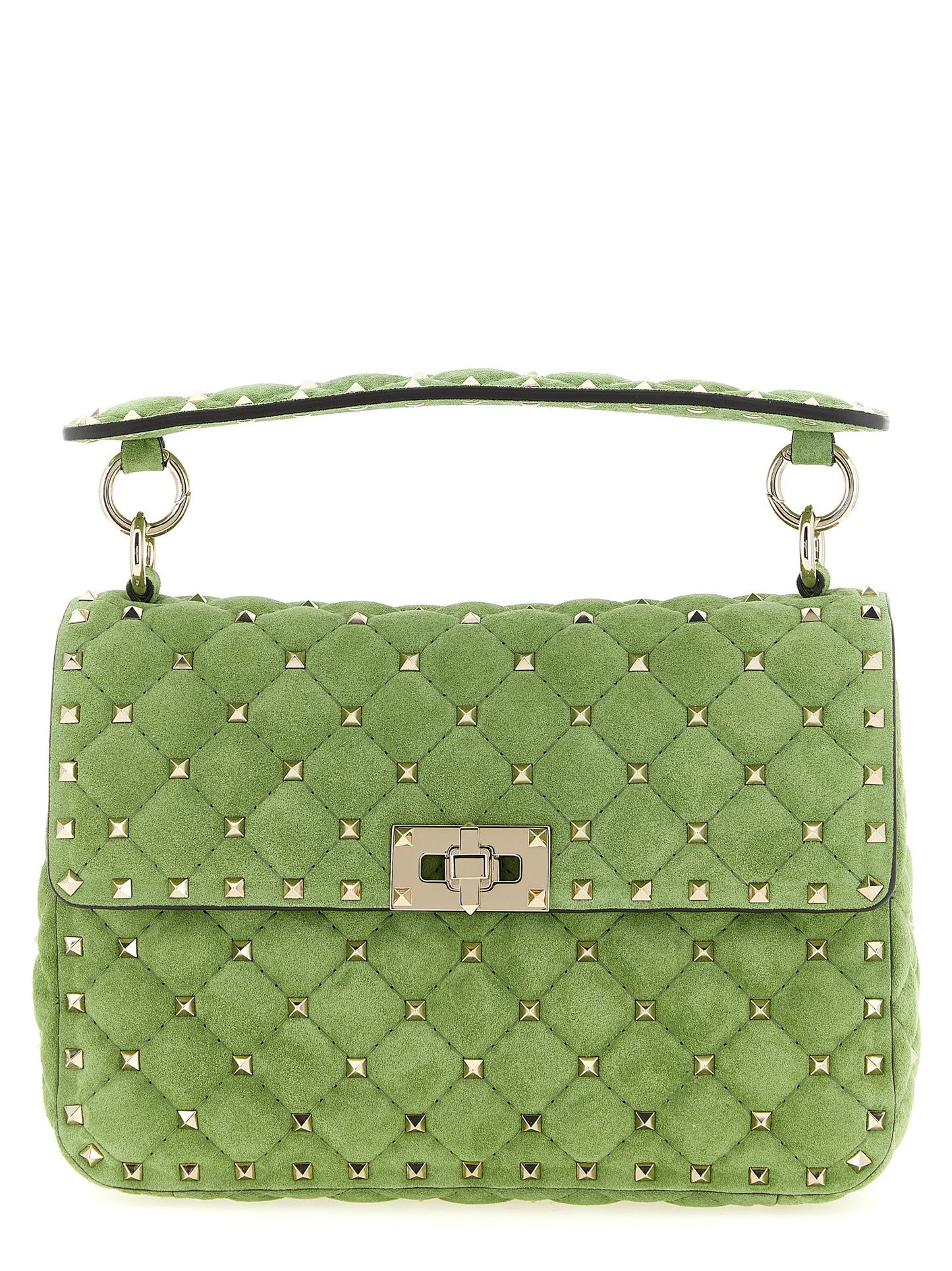 Medium Quilted Shoulder Flap Bag by Valentino Garavani for women in nappa & suede calfskin leather bicolour & green presents a versatile silhouette, showcasing a secure flap and versatile with versatile shoulder-strap, handle & detachable-strap for a sophisticated look.