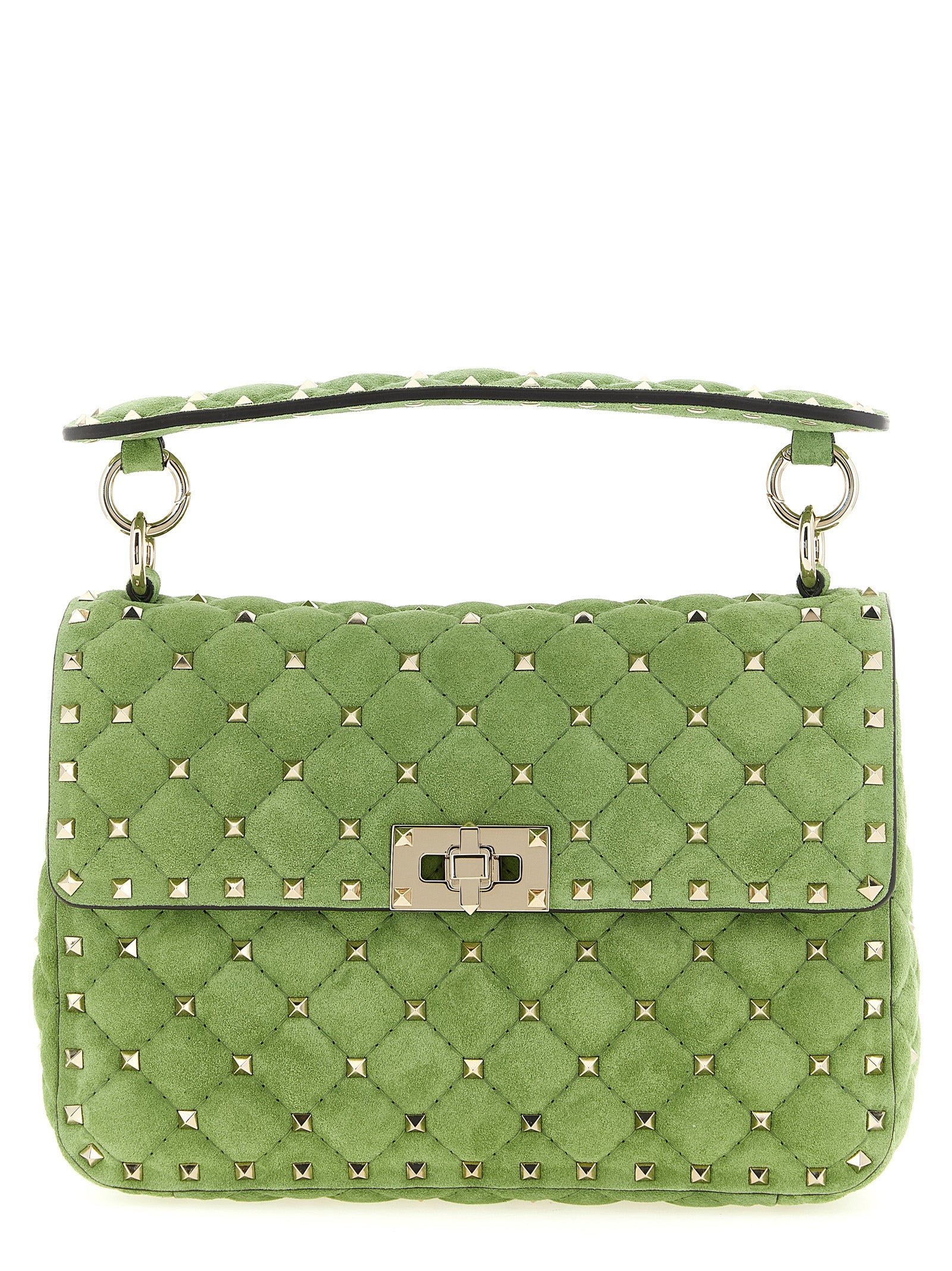 Medium Quilted Shoulder Flap Bag by Valentino Garavani for women in nappa & suede calfskin leather bicolour & green presents a versatile silhouette, showcasing a secure flap and versatile with versatile shoulder-strap, handle & detachable-strap for a sophisticated look.