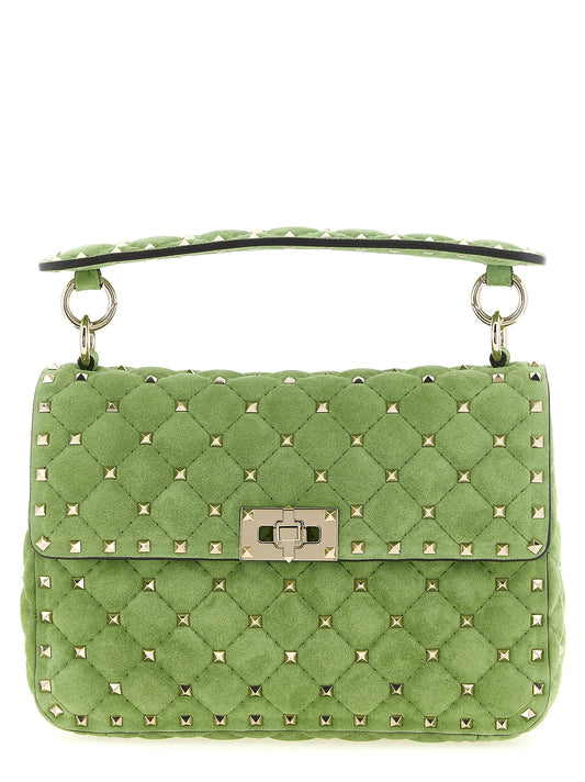 Medium Quilted Shoulder Flap Bag by Valentino Garavani for women in nappa & suede calfskin leather bicolour & green presents a versatile silhouette, showcasing a secure flap and versatile with versatile shoulder-strap, handle & detachable-strap for a sophisticated look.