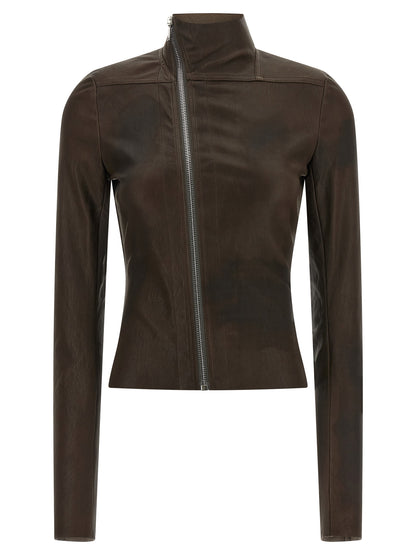 Jacket by Rick Owens for women in cotton & lambskin leather brown showcases a enveloping silhouette, artfully detailed with a enveloping high-neck neckline and premium pockets for a truly enveloping finish.