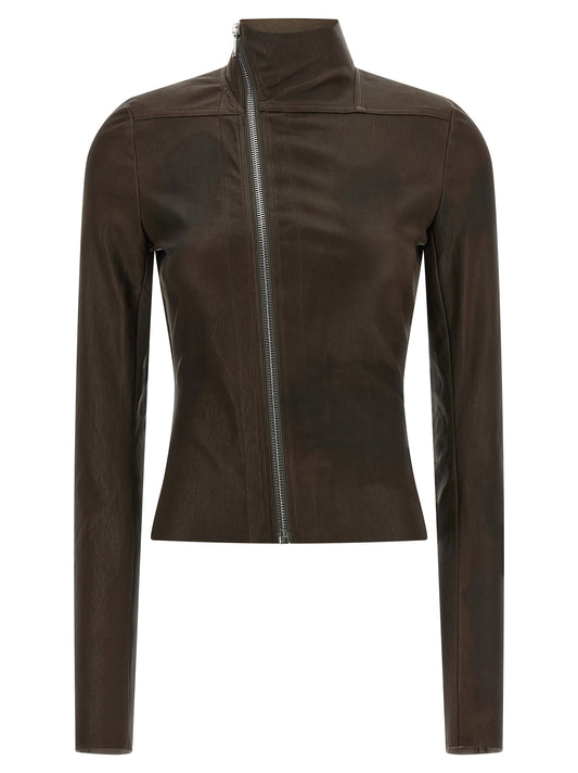Jacket by Rick Owens for women in cotton & lambskin leather brown showcases a enveloping silhouette, artfully detailed with a enveloping high-neck neckline and premium pockets for a truly enveloping finish.