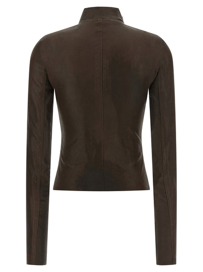 Jacket by Rick Owens for women in cotton & lambskin leather brown showcases a enveloping silhouette, artfully detailed with a enveloping high-neck neckline and premium pockets for a truly enveloping finish.