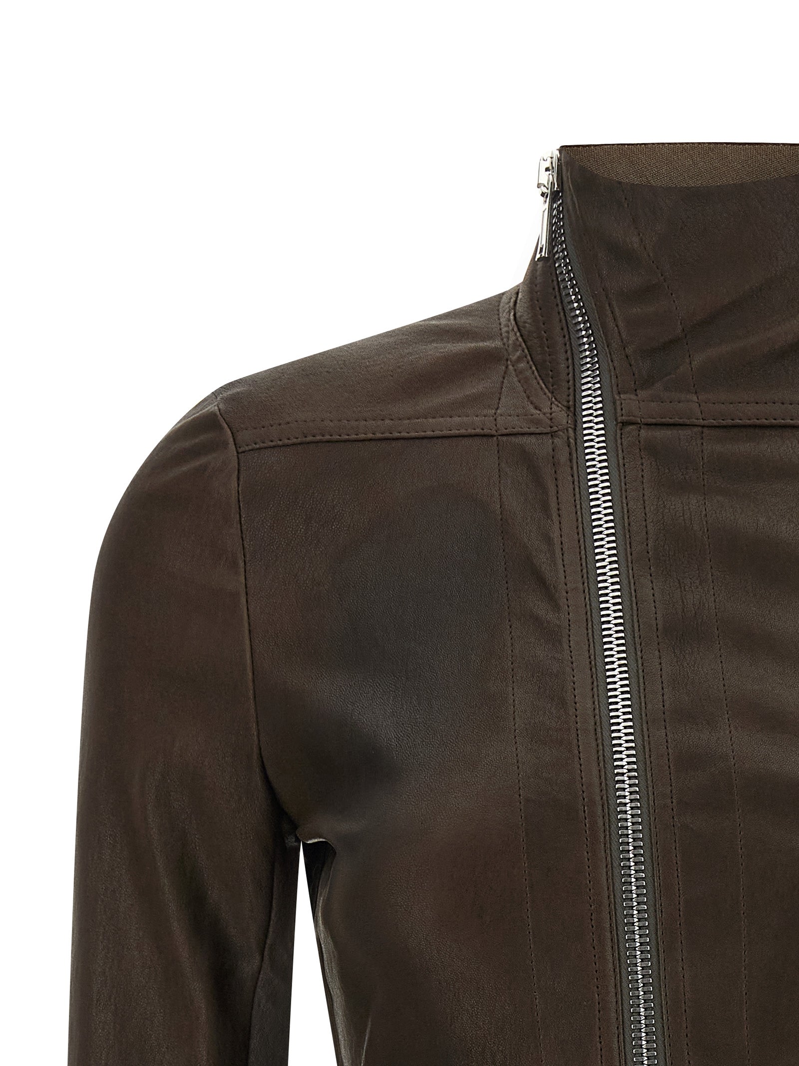 Jacket by Rick Owens for women in cotton & lambskin leather brown features a smart silhouette, perfectly accentuated by its unique high-neck neckline and functional pockets for a smart finish.