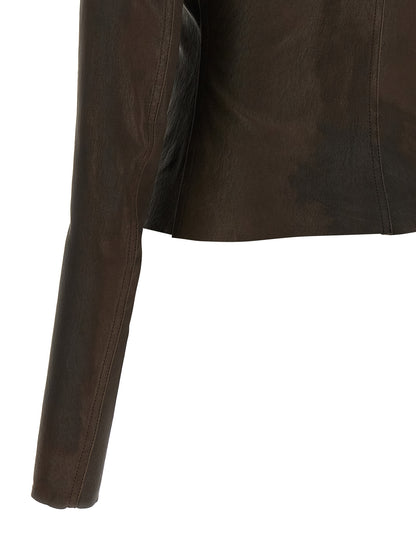 This Jacket by Rick Owens for women in cotton & lambskin leather brown showcases a magnificent silhouette, meticulously crafted with a distinctive and functional pockets for a magnificent finish.