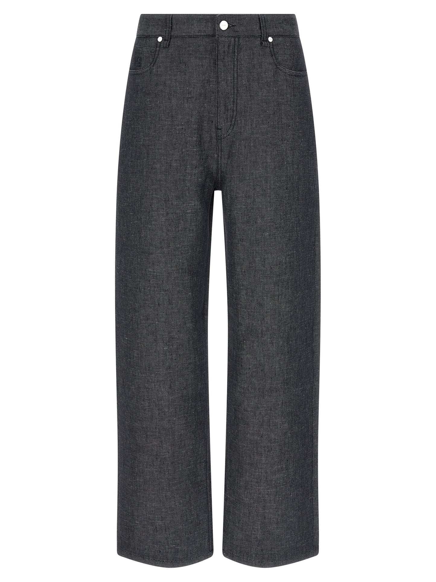 Jeans by Fendi for men in silk linen & denim cotton gray & signature presents a tailored silhouette, showcasing a tailored straight-leg & wide and long cut with a refined for a truly tailored aesthetic.