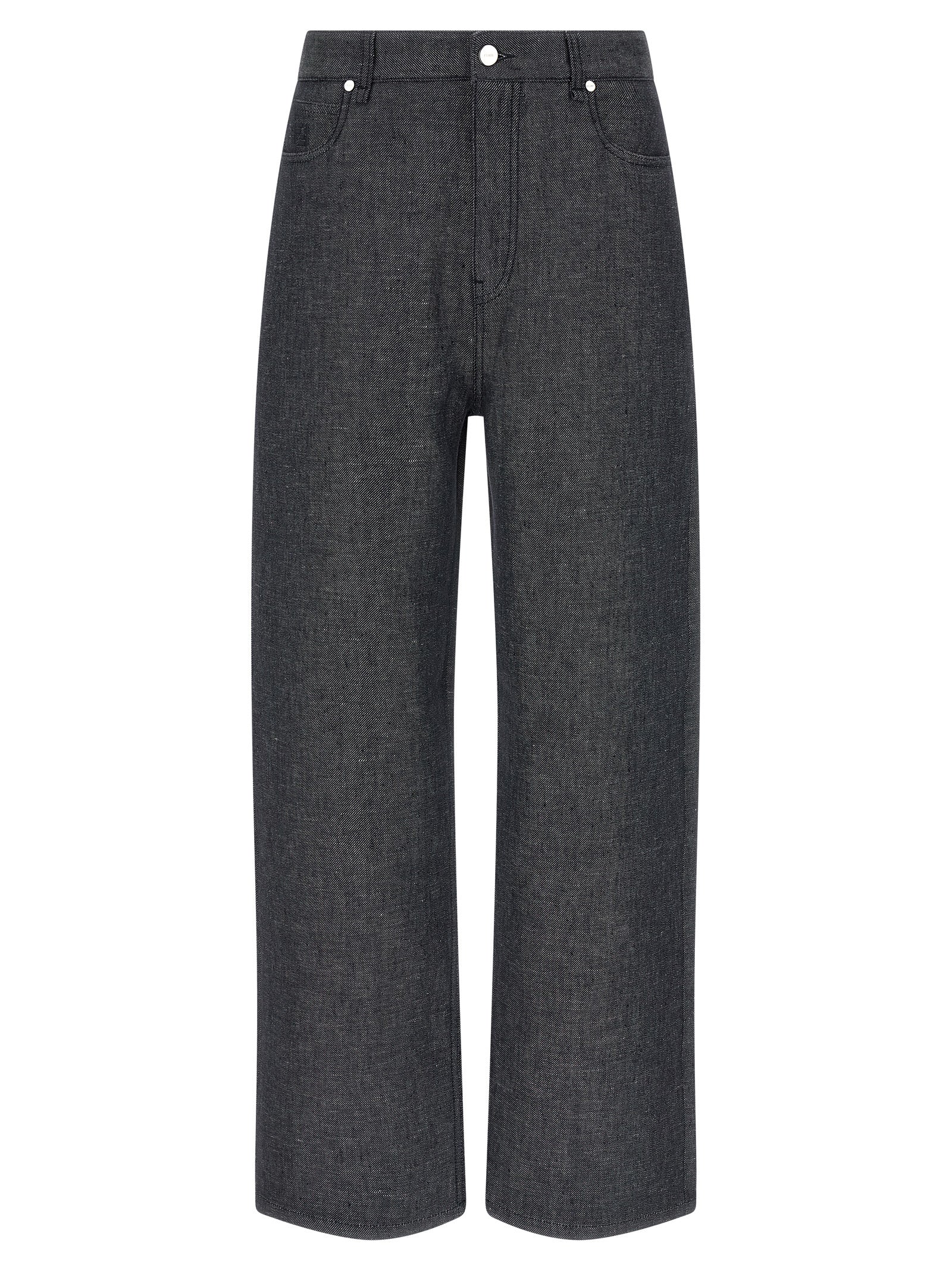 Jeans by Fendi for men in silk linen & denim cotton gray & signature presents a tailored silhouette, showcasing a tailored straight-leg & wide and long cut with a refined for a truly tailored aesthetic.