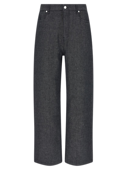 Jeans by Fendi for men in silk linen & denim cotton gray & signature presents a tailored silhouette, showcasing a tailored straight-leg & wide and long cut with a refined for a truly tailored aesthetic.