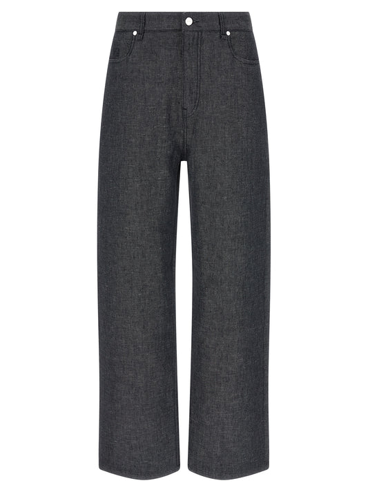Jeans by Fendi for men in silk linen & denim cotton gray & signature presents a tailored silhouette, showcasing a tailored straight-leg & wide and long cut with a refined for a truly tailored aesthetic.