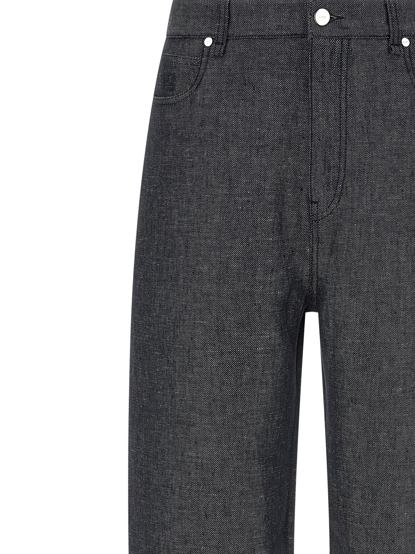 Jeans by Fendi for men in silk linen & denim cotton gray & signature features a polished silhouette with a polished straight-leg & wide, reaching a polished long and finished with a polished .