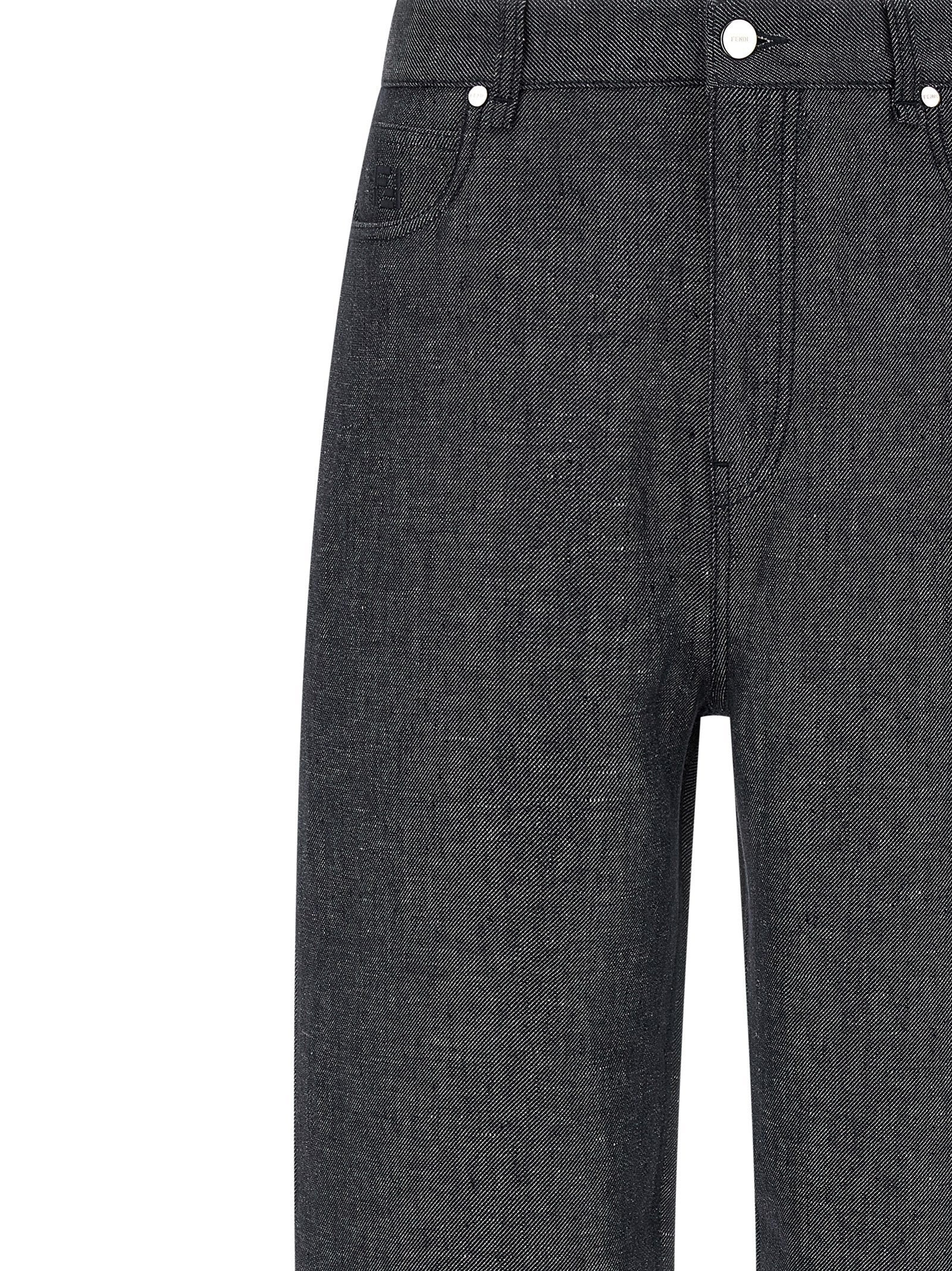 Jeans by Fendi for men in silk linen & denim cotton gray & signature features a polished silhouette with a polished straight-leg & wide, reaching a polished long and finished with a polished .