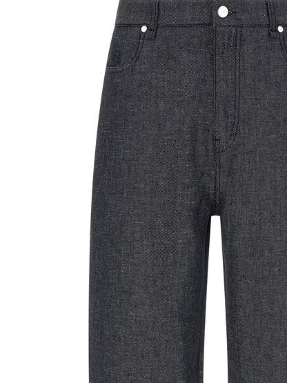 Jeans by Fendi for men in silk linen & denim cotton gray & signature features a polished silhouette with a polished straight-leg & wide, reaching a polished long and finished with a polished .
